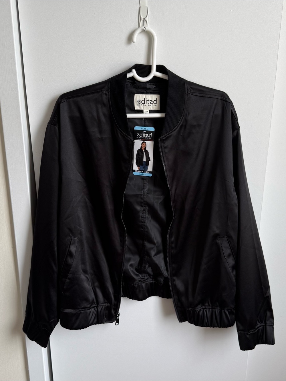 NWT Edited by Remi Bader Black Satin Bomber Jacket (Size L / Large)